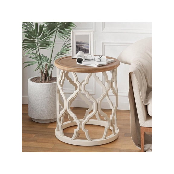 JL Rustic Farmhouse End Table, Distressed Wood Top Side Table With Curved Motif Frame Base For Boho, Round