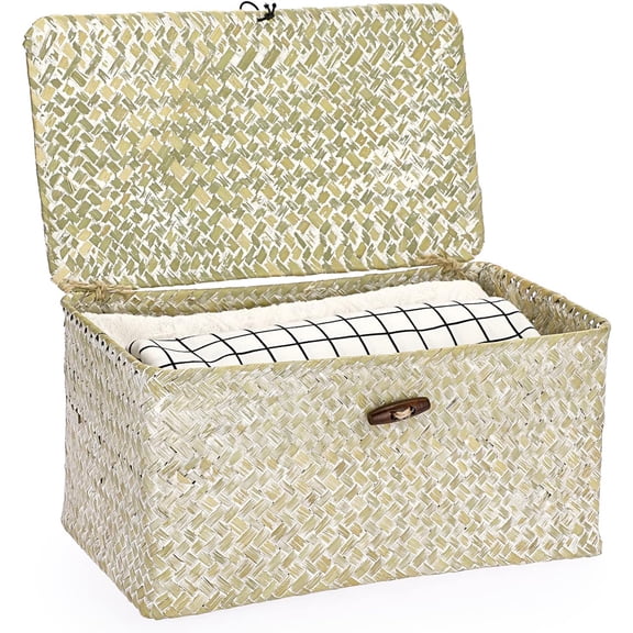 JL Seagrass Storage Basket Bins with Lid, Handwoven Wicker Shelf Baskets Bin Rectangular Household Basket Organizer Boxes for Shelf Closet Bedroom Home Decor, Whitewash Medium