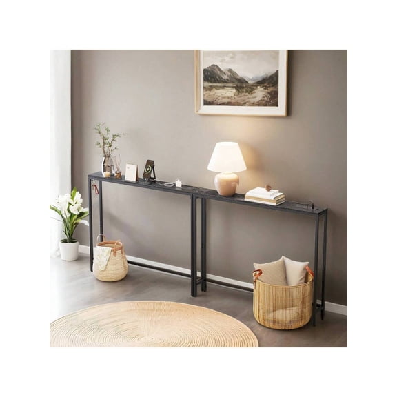 JL Set Of 2 Console Tables With Power Outlets, Slim Behind Couch Sofa Tables, 5.9 X 39.4 X 31.5 Inches, 2 Hooks, Easy Assembly, For Entryway, Living Room