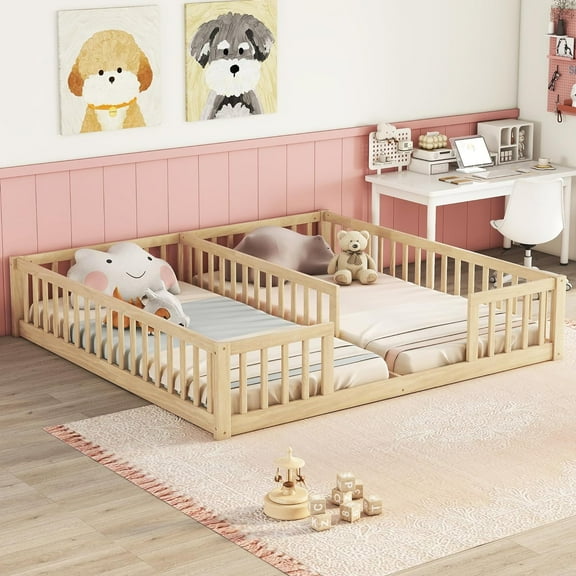 JL Twin Size Double Montessori Floor Bed for Boys and Girls Bedroom,Solid Wood Bedframe w/Fence Design,Easy Assemble & Super Save Space & No Box Spring Needed, Natural