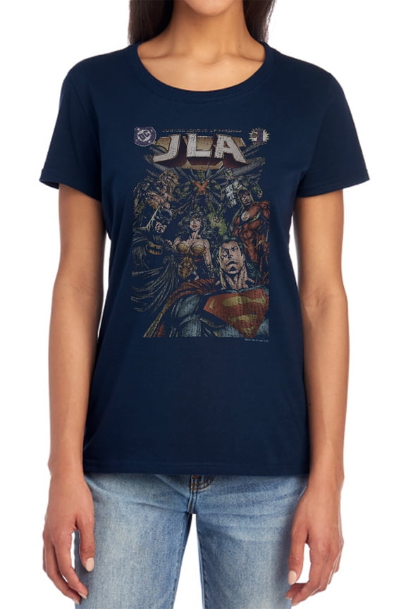 JLA #1 Cover Women's T Shirt, Navy, Large