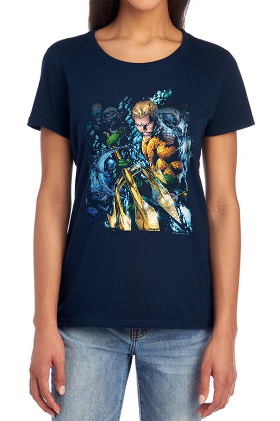 JLA Aquaman #1 Women's T Shirt, Navy, Medium