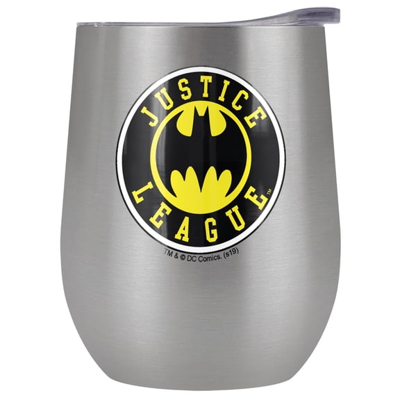 JLA - Batman Official Athletic Batman Justice League Logo 12 OZ Stemless Wine Tumbler, Stainless Steel Travel Cup|Lake Tumbler|Insulated with Leak Resistant Slide-Lock Lid, Stainless Steel