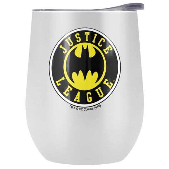 JLA - Batman Official Athletic Batman Justice League Logo 12 OZ Stemless Wine Tumbler, Stainless Steel Travel Cup|Lake Tumbler|Insulated with Leak Resistant Slide-Lock Lid, White