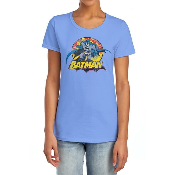 JLA Batman Rough Distress Women's T Shirt, Carolina Blue, 2X-Large