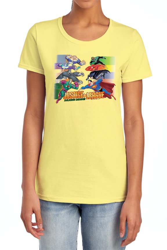 JLA Evildoers Beware Women's T Shirt, Banana, Large