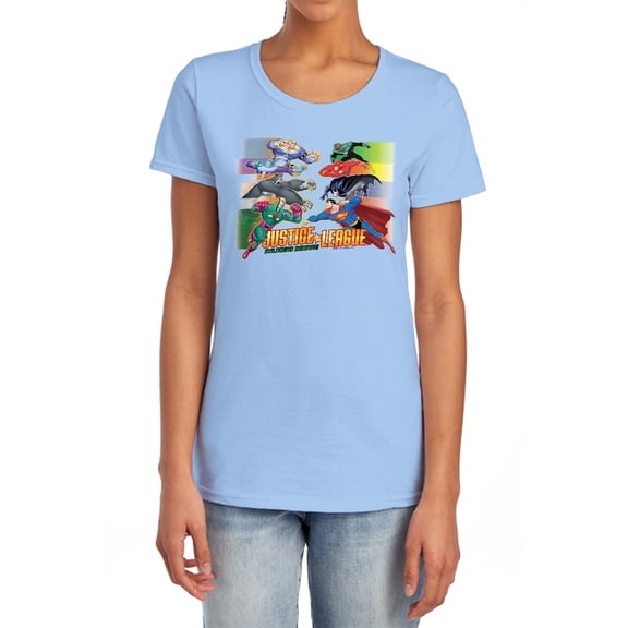 JLA Evildoers Beware Women's T Shirt, Light Blue, Large