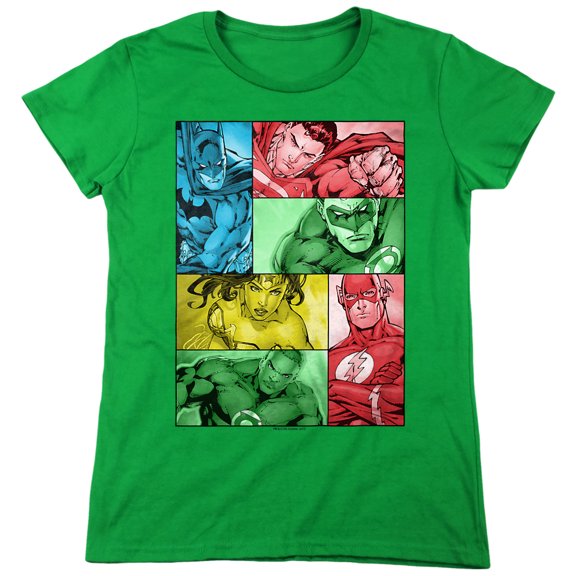 JLA Hero Boxes Women's T Shirt, Kelly Green, Medium