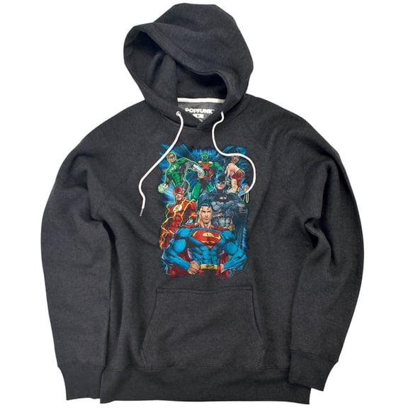 JLA Justice Is Served Unisex Adult Slim Fit Pull-Over Heather Hoodie, Charcoal, Small