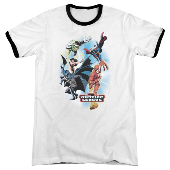 JLA Justice League At Your Service Adult Ringer T-Shirt White Black