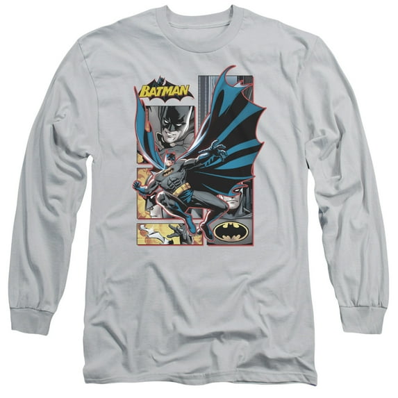 JLA Justice League Batman Panels Long Sleeve Adult 18/1 T-Shirt Silver