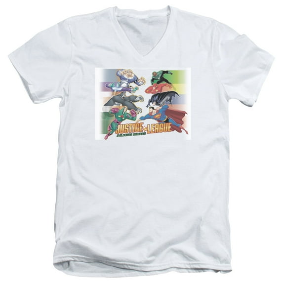 JLA Justice League Evildoers Beware S/S Adult V-Neck White