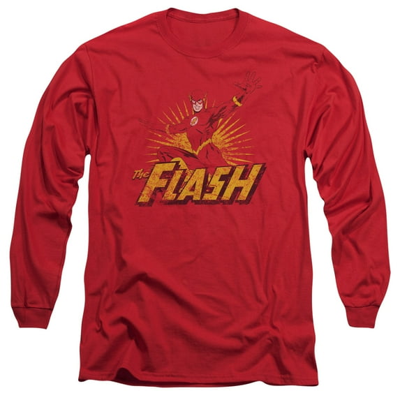 JLA Justice League Flash Rough Distress Long Sleeve Adult 18/1 T-Shirt Red