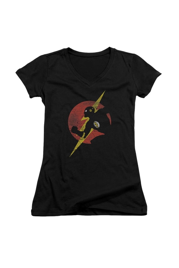 JLA Justice League Flash Symbol Knockout Junior Women's T-Shirt V-Neck Black