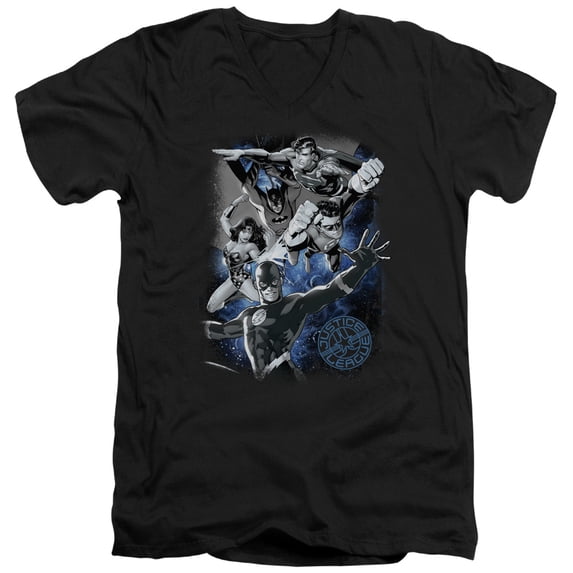 JLA Justice League Galactic Attack Nebula S/S Adult V-Neck Black