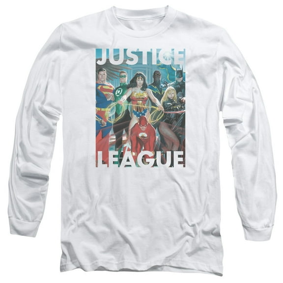 JLA Justice League Hall Of Justice Long Sleeve Adult 18/1 T-Shirt White