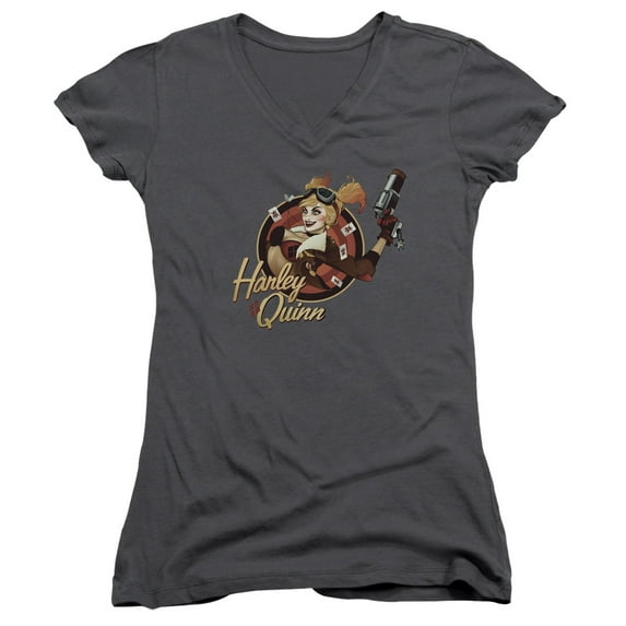 JLA Justice League Harley Bomber Junior Women's T-Shirt V-Neck Charcoal