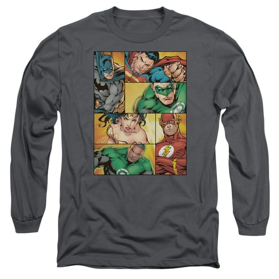 JLA Justice League Hero Boxes Long Sleeve Adult 18/1 T-Shirt Charcoal