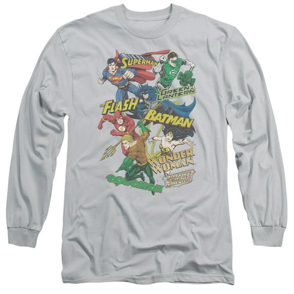 JLA Justice League Justice Collage Long Sleeve Adult 18/1 T-Shirt Silver