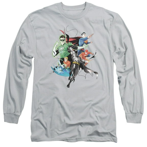 JLA Justice League Mashup  Long Sleeve Adult 18/1 T-Shirt Silver