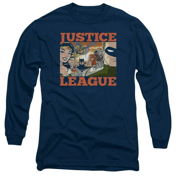 JLA Justice League New Dawn Group Long Sleeve Adult 18/1 T-Shirt Navy
