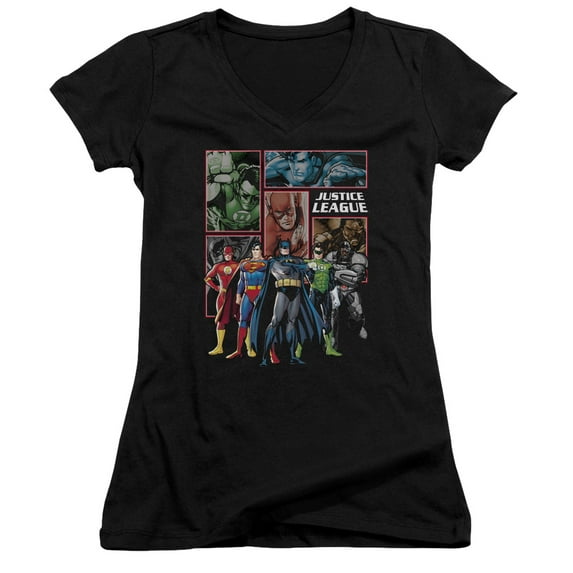 JLA Justice League New JLA Justice League Panels Junior Women's T-Shirt V-Neck Black
