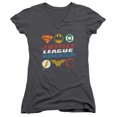 thumbnail image 1 of JLA Justice League Pixel Logos Junior Women's T-Shirt V-Neck Charcoal, 1 of 1