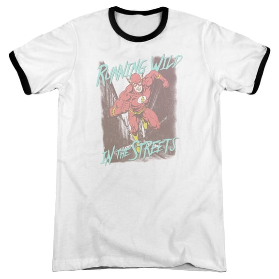 JLA Justice League Running Wild Adult Ringer T-Shirt White Black
