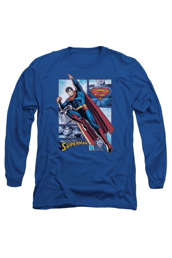 JLA Justice League Superman Panels Long Sleeve Adult 18/1 T-Shirt Royal Blue