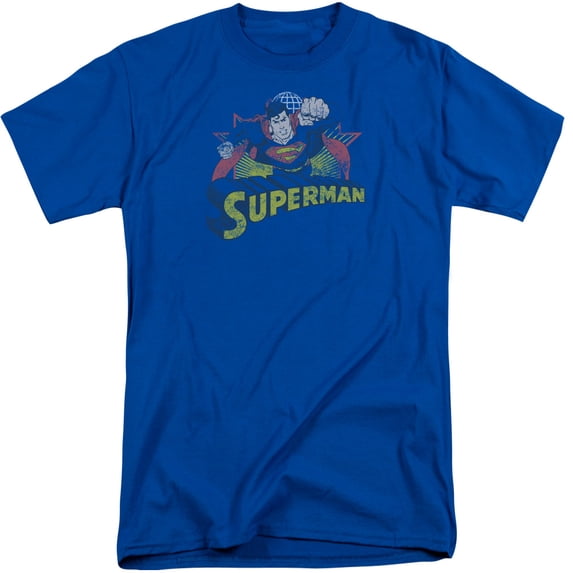 JLA Justice League Superman Rough DistresS/S S Adult Tall Royal Blue