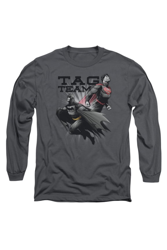JLA Justice League Tag Team Long Sleeve Adult 18/1 T-Shirt  Charcoal