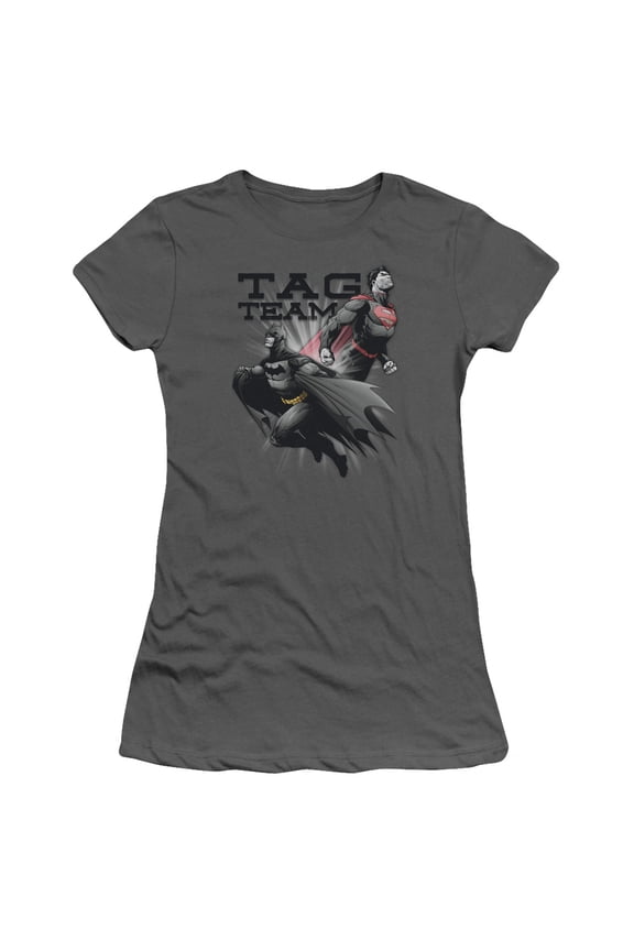 JLA Justice League Tag Team S/S Junior Women's T-Shirt Sheer Charcoal