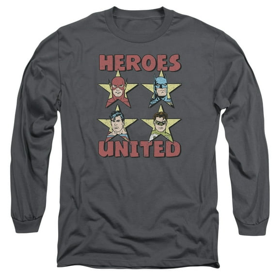 JLA Justice League United Stars Long Sleeve Adult 18/1 T-Shirt Charcoal