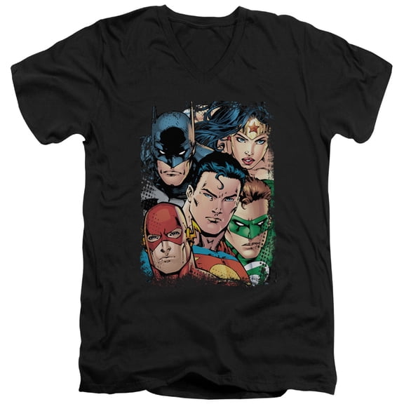 JLA Justice League Up Close And Personal S/S Adult V-Neck Black