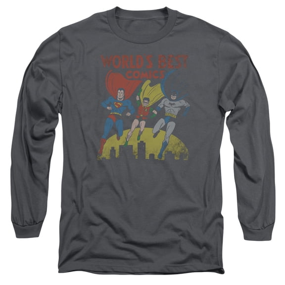 JLA Justice League Worlds Best  Long Sleeve Adult 18/1 T-Shirt Charcoal