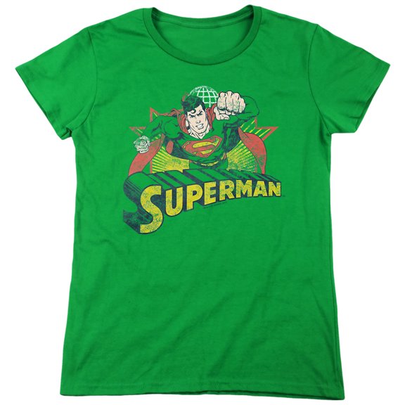 JLA Superman Rough Distress Women's T Shirt, Kelly Green, Large