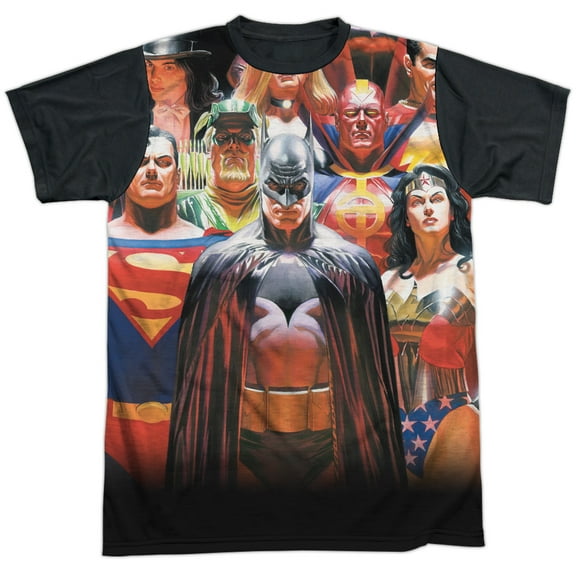JLA Wall Of Heroes Officially Licensed Black Back Sublimation Adult T Shirt