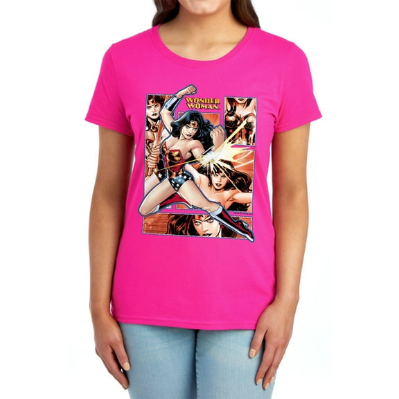 JLA Wonder Woman Panels Women's T Shirt, Hot Pink, Medium