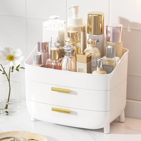 JLBAO 3-Tier Skincare Makeup Organizer with Drawers for Vanity and Bathroom Countertop, Large Cosmetic Storage Box Case for Dresser, with Non-Slip Base