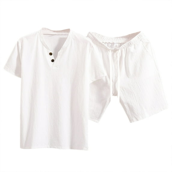 JLFKNG Casual Men's 2Pcs Outfits Loose Fit V Neck Short Sleeve Shirts + Breathable Shorts Soft Cotton Sets Simple Solid Color Lounge Summer Sets