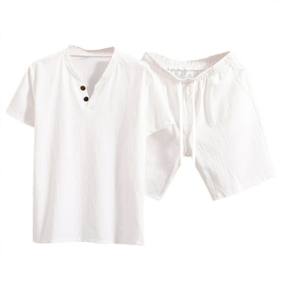 JLFKNG Casual Men's 2Pcs Outfits Loose Fit V Neck Short Sleeve Shirts + Breathable Shorts Soft Cotton Sets Simple Solid Color Lounge Summer Sets