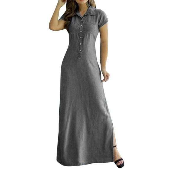 JLFKNG Denim Skirts For Women Slit Dresses With Pockets Oversized Breathable Loose Fit Denim Dress Fashion Swing Solid Color Comfy Womens Clothing