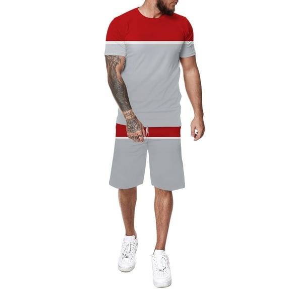 JLFKNG Fashion Men's 2Pcs Outfits Patchwork Color Short Sleeve T Shirts And Shorts With Elastic Waist Drawstring Breathable Casual Loose Fit Comfy Mens Sets