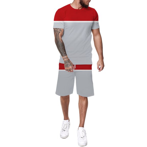 JLFKNG Fashion Men's 2Pcs Outfits Patchwork Color Short Sleeve T Shirts And Shorts With Elastic Waist Drawstring Breathable Casual Loose Fit Comfy Mens Sets