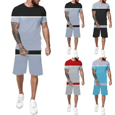JLFKNG Fashion Men's 2Pcs Outfits Patchwork Color Short Sleeve T Shirts And Shorts With Elastic Waist Drawstring Breathable Casual Loose Fit Lounge Summer Sets