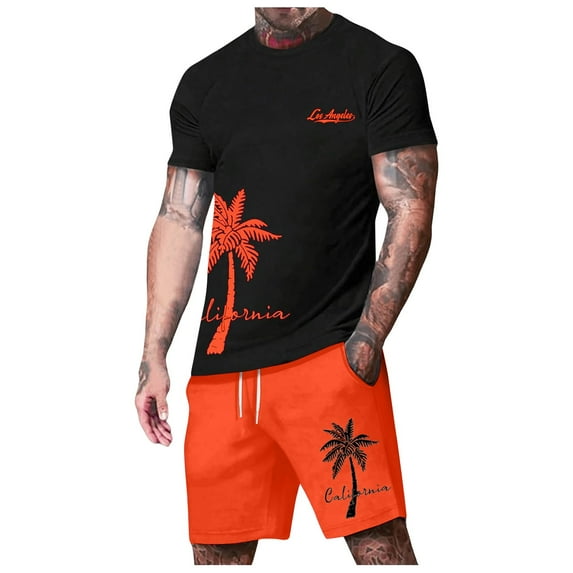 JLFKNG Fashion Men's 2Pcs Outfits Summer Short Sleeve T Shirts And Shorts Breathable Casual Coconut Tree Sunset Printed Hawaiian Style Comfy Summer Clothes