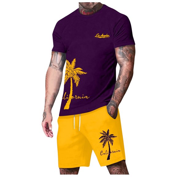 JLFKNG Fashion Men's 2Pcs Outfits Summer Short Sleeve T Shirts And Shorts Breathable Casual Coconut Tree Sunset Printed Hawaiian Style Comfy Summer Clothes