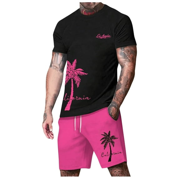JLFKNG Fashion Men's 2Pcs Outfits Summer Short Sleeve T Shirts And Shorts Breathable Casual Coconut Tree Sunset Printed Hawaiian Style Suitable For Vacation