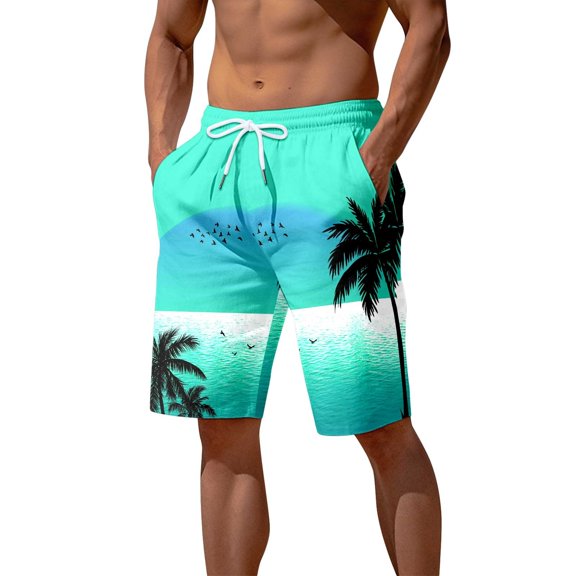 JLFKNG Fashion Mens Swim Trunks 3D Printed Seaside Coconut Tree Printed Hawaiian Style Casual Shorts Suitable For Summer Beach