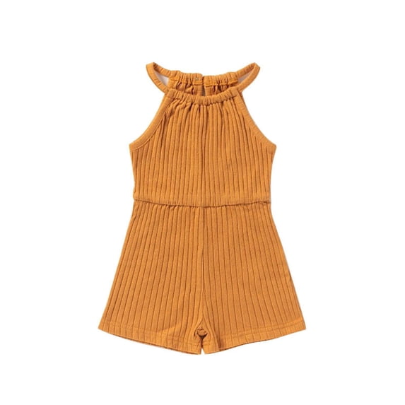 JLFKNG Girls Summer Romper Simple Solid Color Ribbed Jumpsuit Breathable Loose Fit Sleeveless Crew Neck Overalls Comfy Babys Clothes